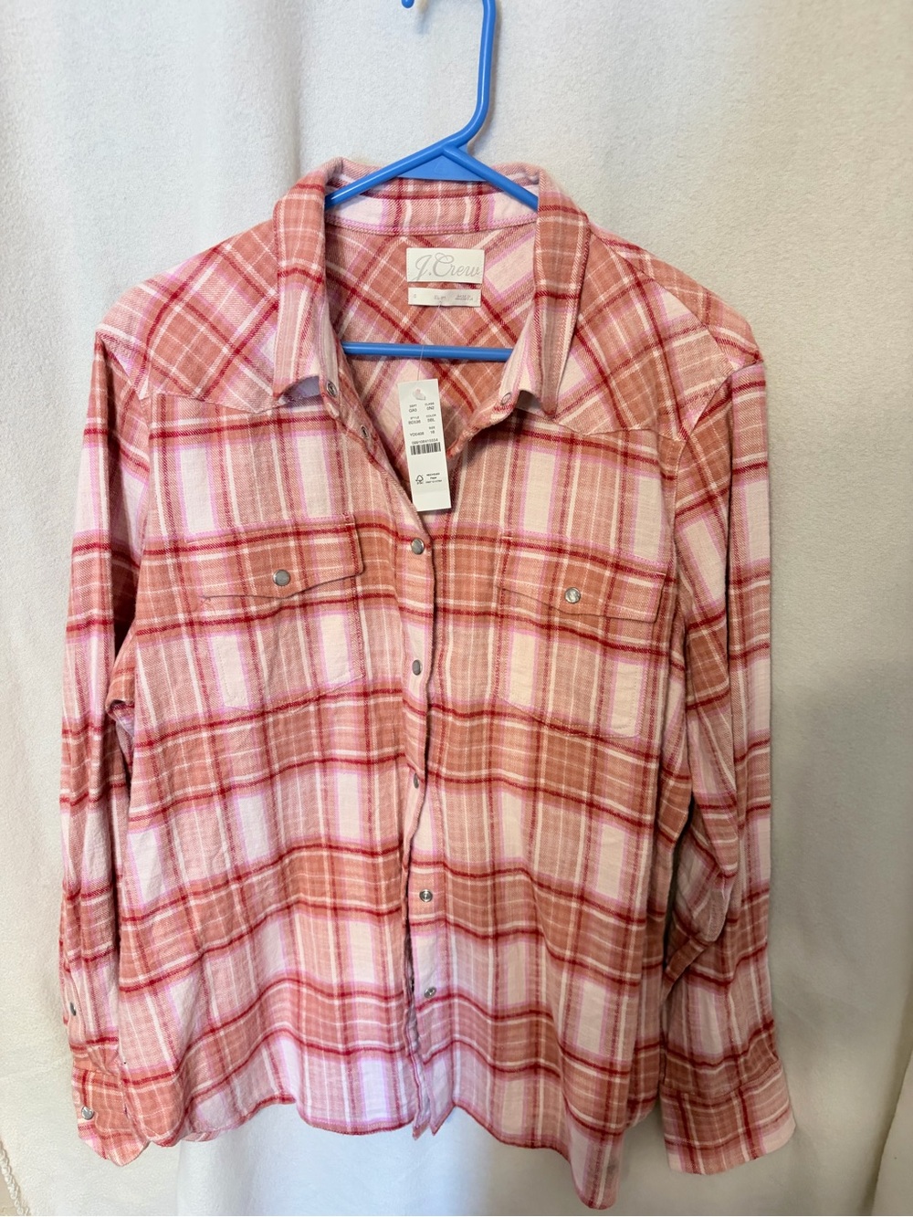 J.Crew New With Tags Coral Pink Plaid Pearl Snap Button Up